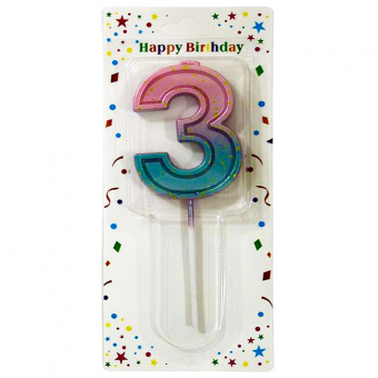 Купить Свеча-цифра в торт «3» с градиентом и золотой поталью 7 см оптом